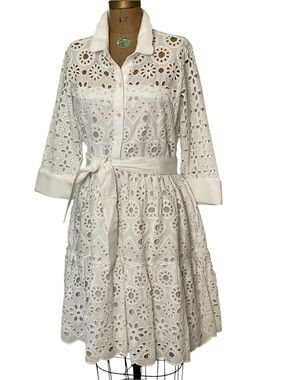 Gretchen Scott Designs White Eyelet Midi Shirt Dress with Tie Waist
